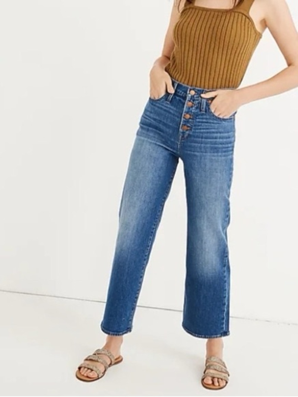 Madewell Jeans Womens Blue Slim Wide Leg Crop Button Fly Distressed Size 32